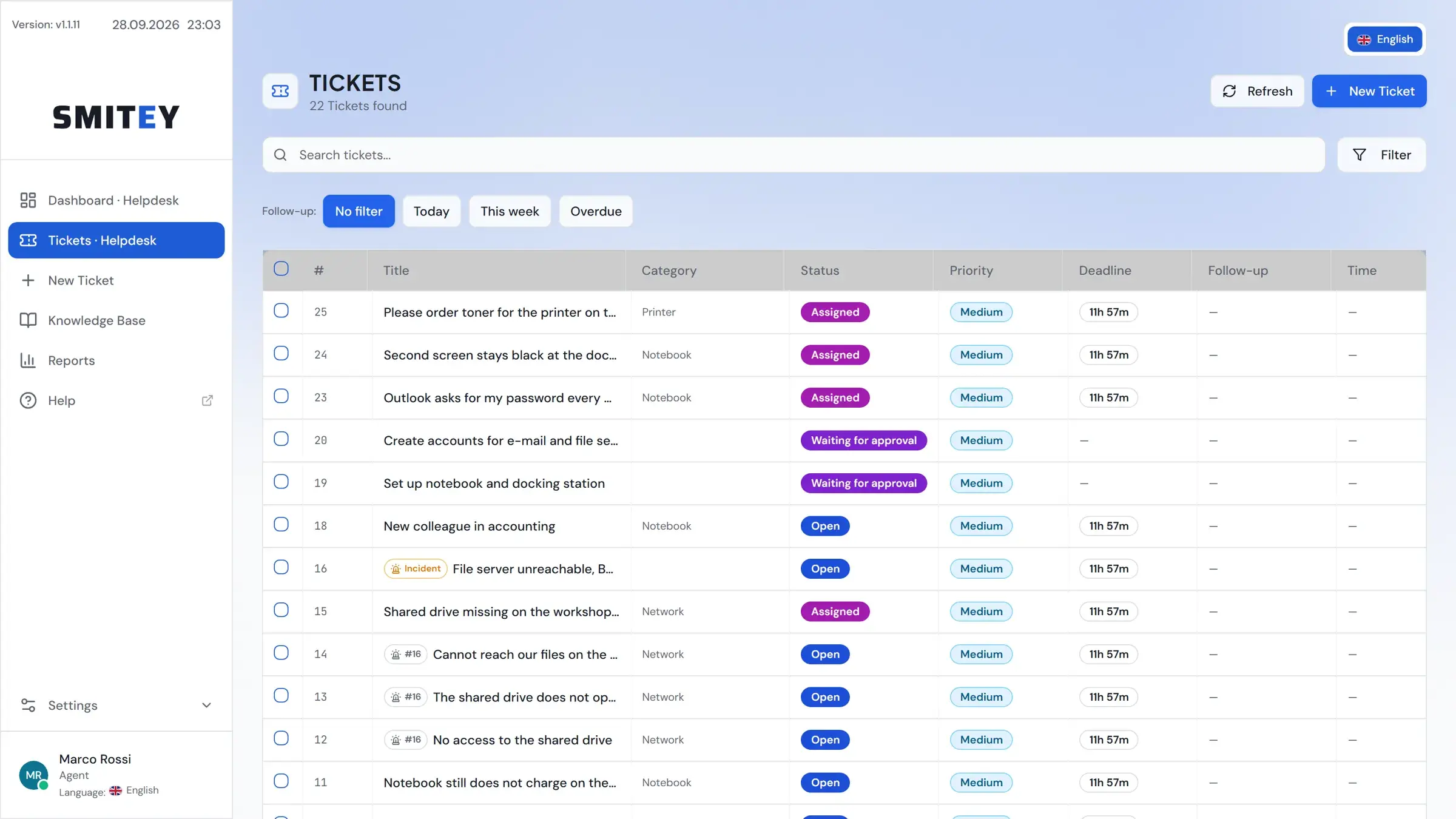 Ticket list in the Smitey Ticket System with status, priority and deadline