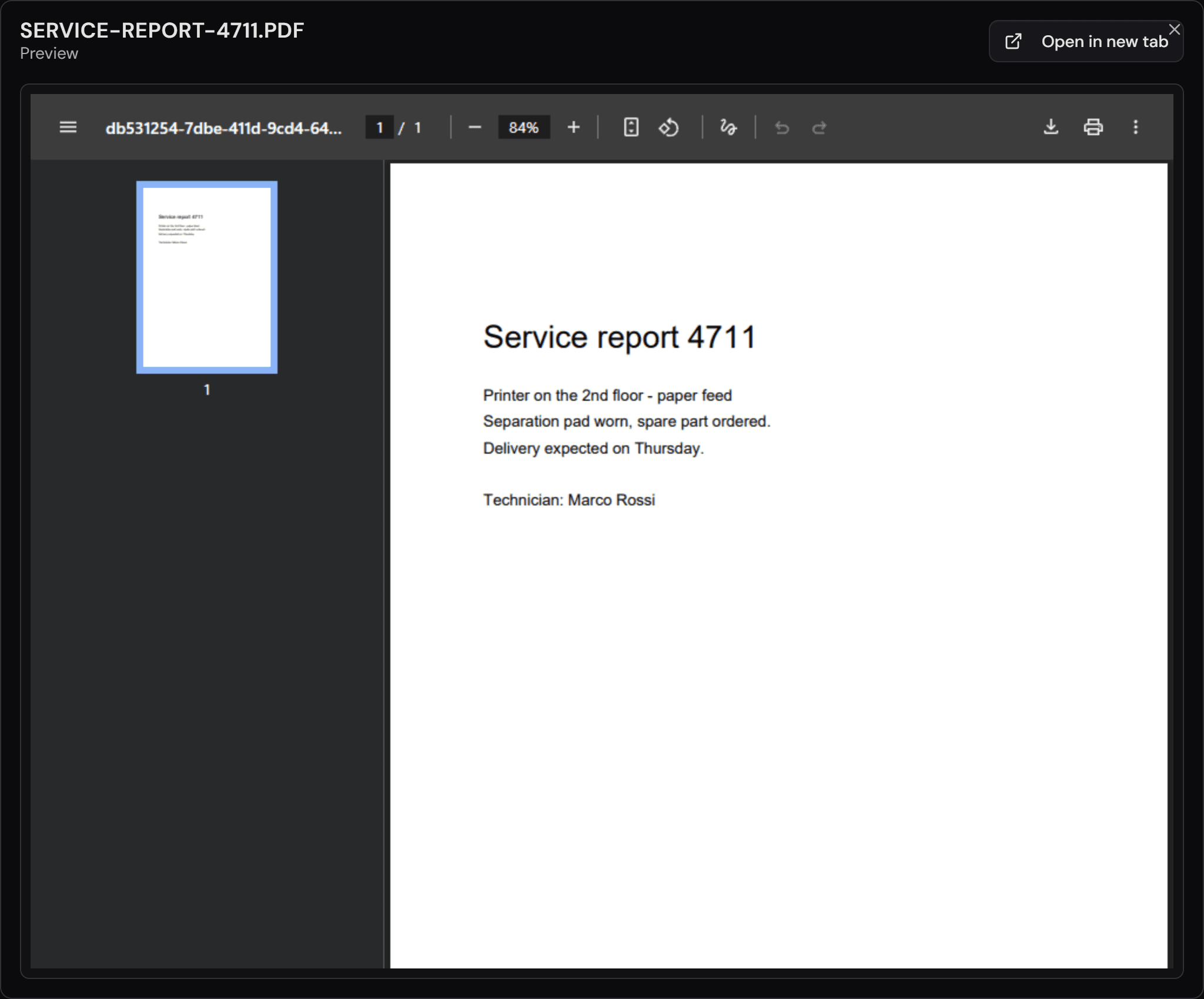 L'anteprima di un PDF nella stessa finestra, con la panoramica delle pagine a sinistra e la barra del lettore PDF in alto.