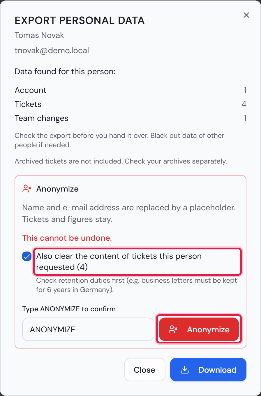 The “Export personal data” dialog for Tomas Novak. Below the findings sits the “Anonymize” area with the ticked box, ANONYMIZE typed in and the “Anonymize” button.
