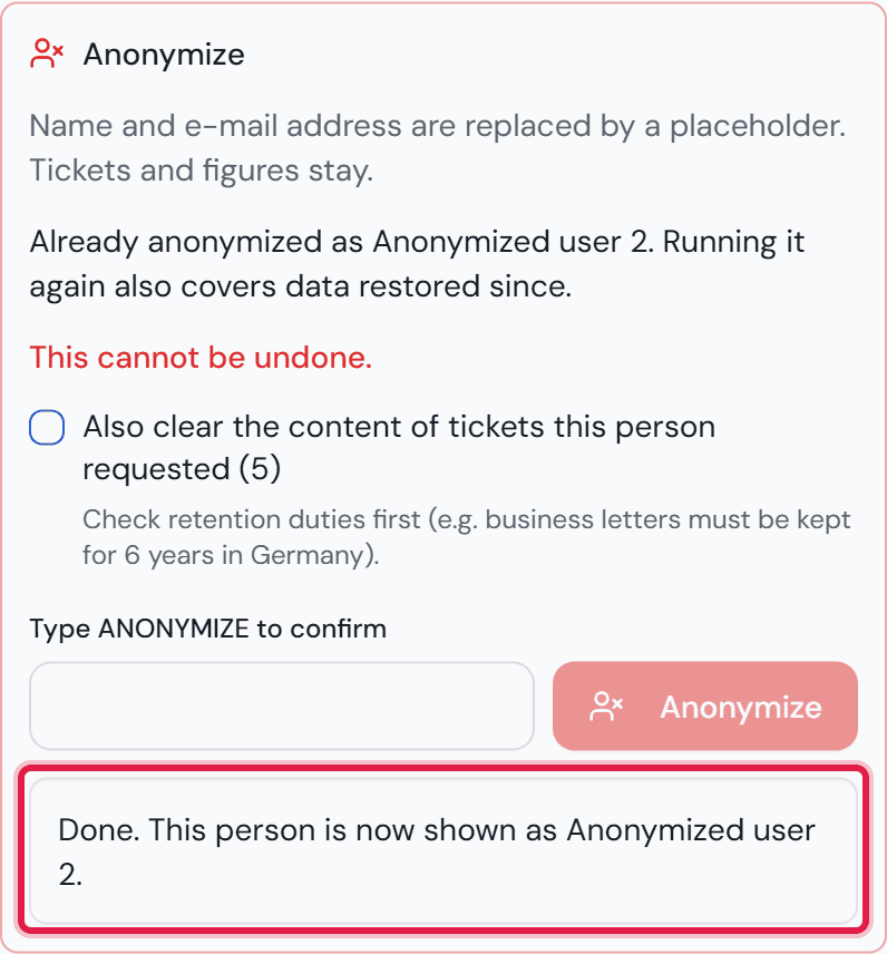 The “Anonymize” area after the run: at the top “Already anonymized as Anonymized user 2”, at the bottom the “Done” message.