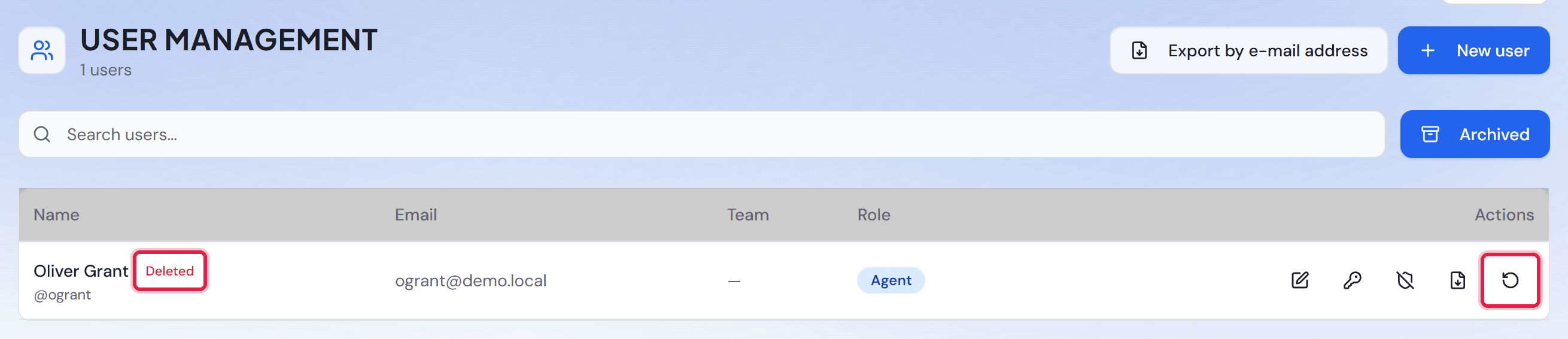 The “Archived” view with Oliver Grant’s deleted account, the “Deleted” badge and the symbol for restoring it.