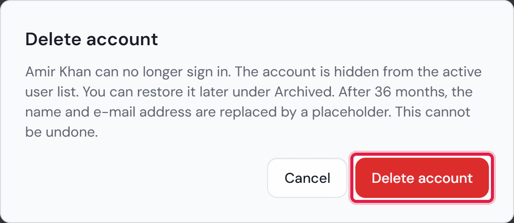 The “Delete account” window for Amir Khan. The text names what follows and the 36 months until the anonymization.
