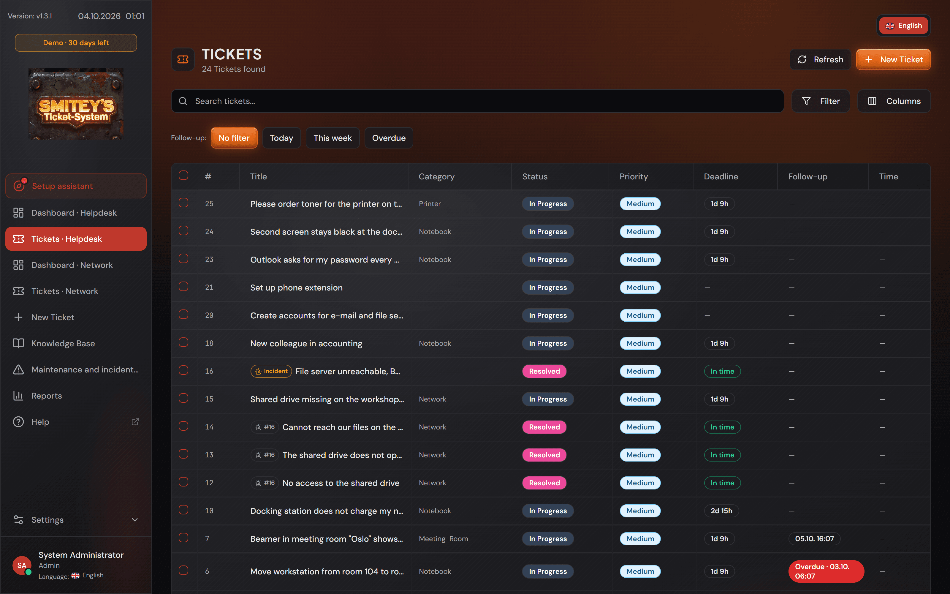 The same ticket list in the dark look.