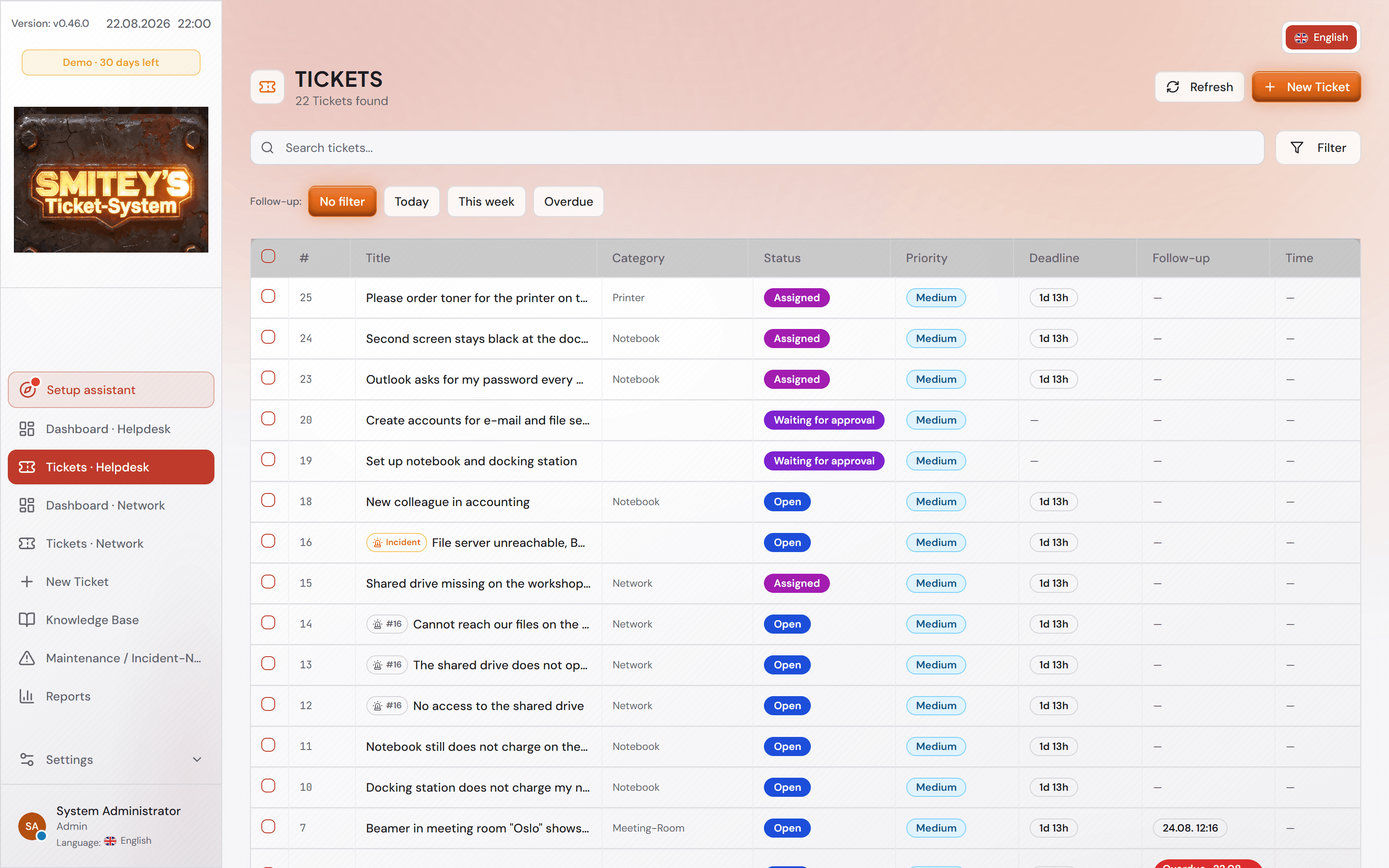 L'elenco dei ticket nell'aspetto chiaro.