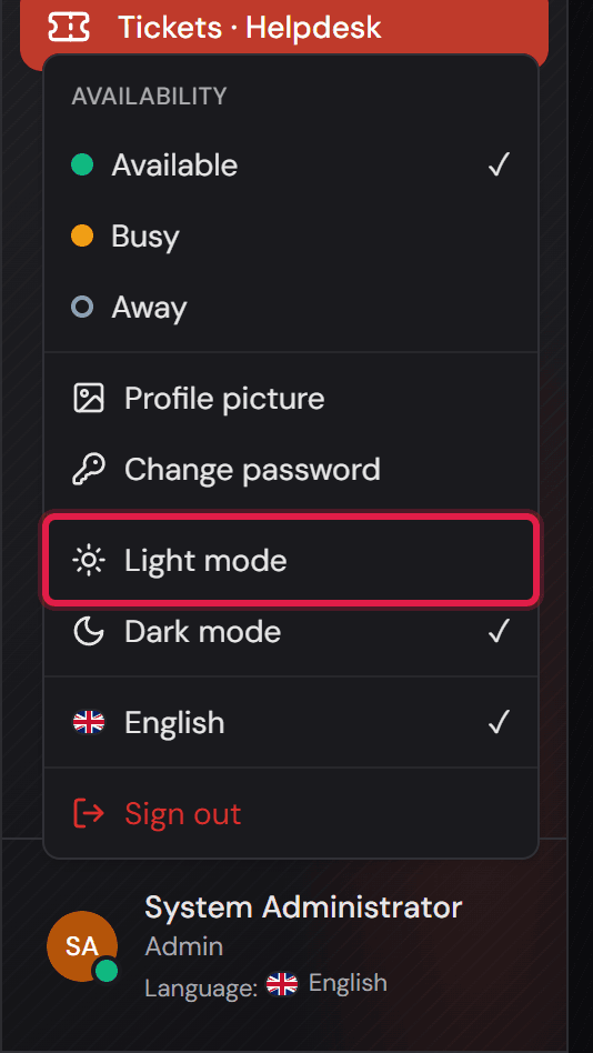 Il menu personale con le voci «Light mode» e «Dark mode».