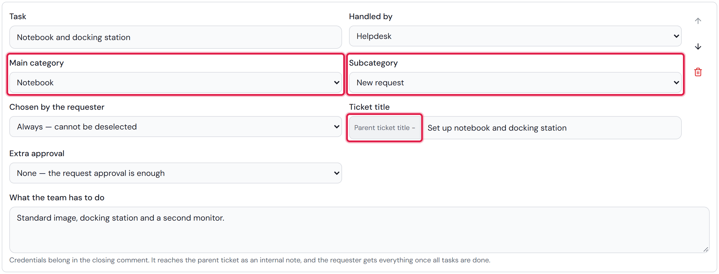 The first task with “Handled by” set to Helpdesk, the category Notebook and New request, and the fixed text “Parent ticket title -” in front of the ticket title.