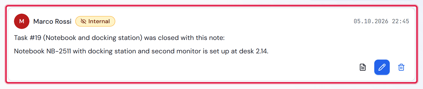 An internal note on the request: the header “Task #… (Notebook and docking station) was closed with this note:” and below it the closing comment of the specialist team.