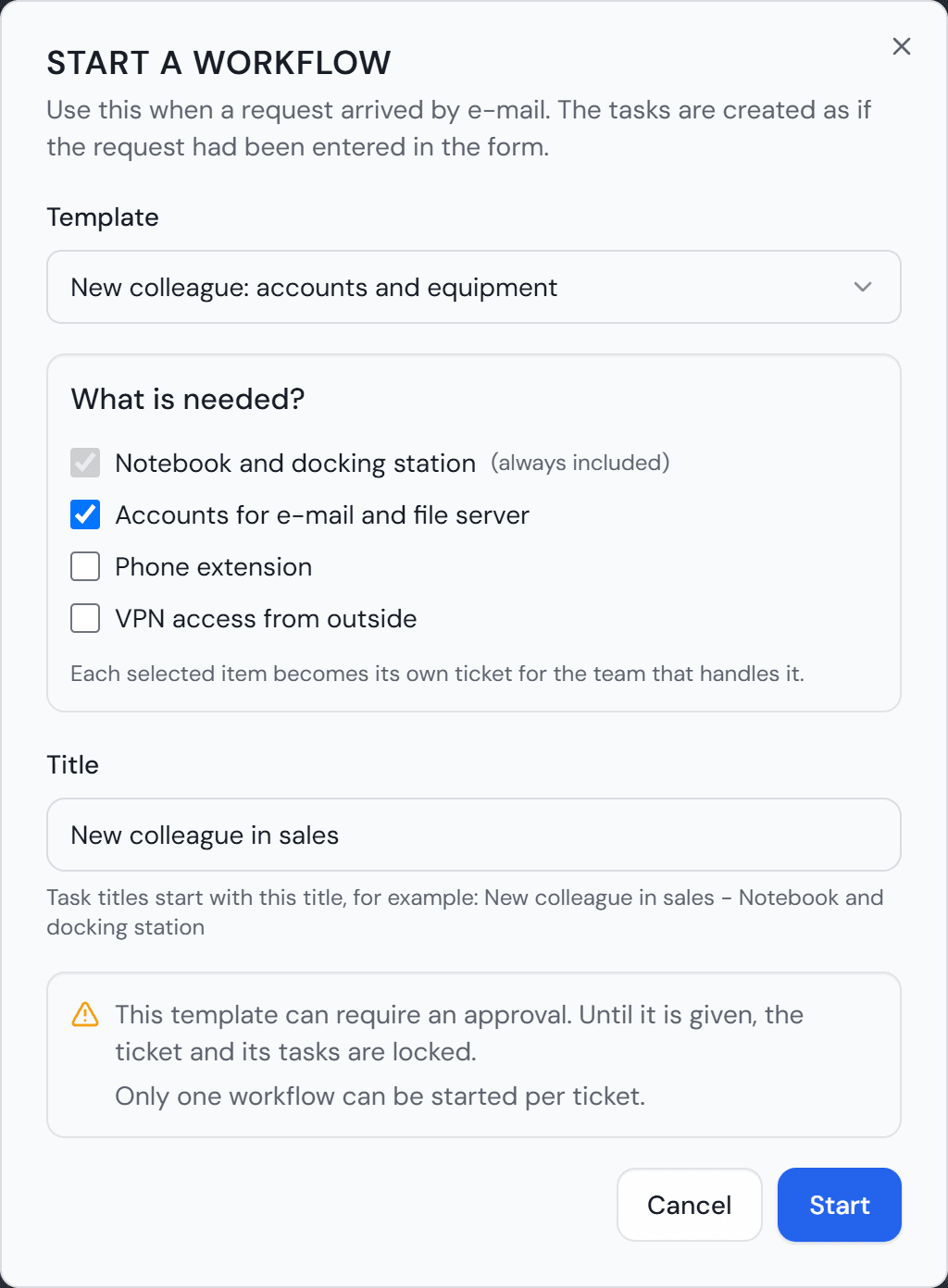 The dialog “Start a workflow” on a ticket with the template, the tasks to tick and the title field.