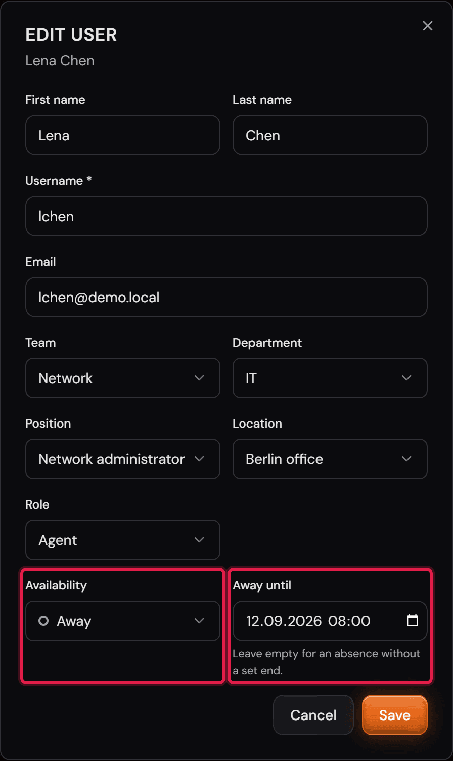 Il modulo di modifica di un account con i campi «Availability» su «Away» e «Away until» con una data.