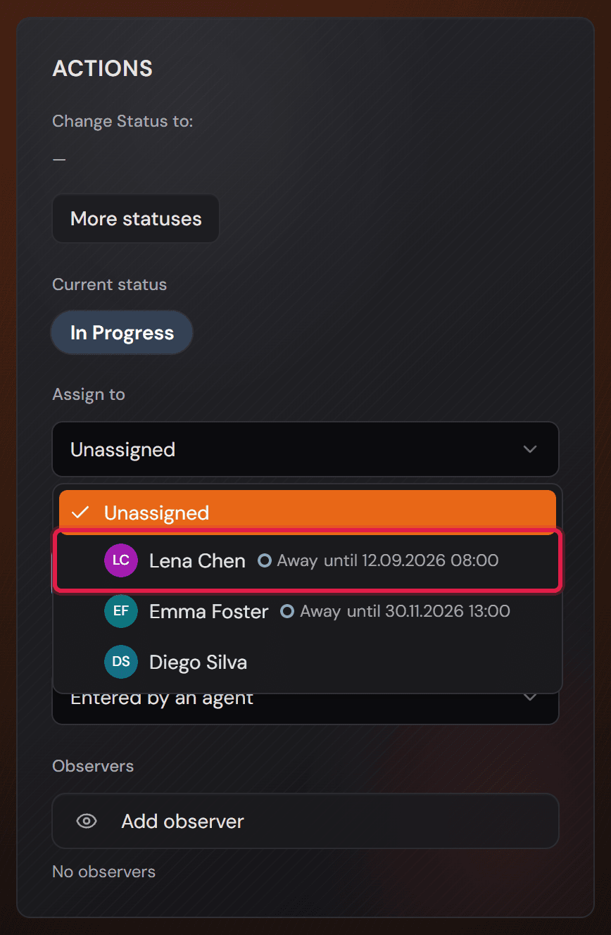 Il selettore «Assign to» di un ticket, aperto, con gli agenti del team e il contrassegno «Away until» su una voce.