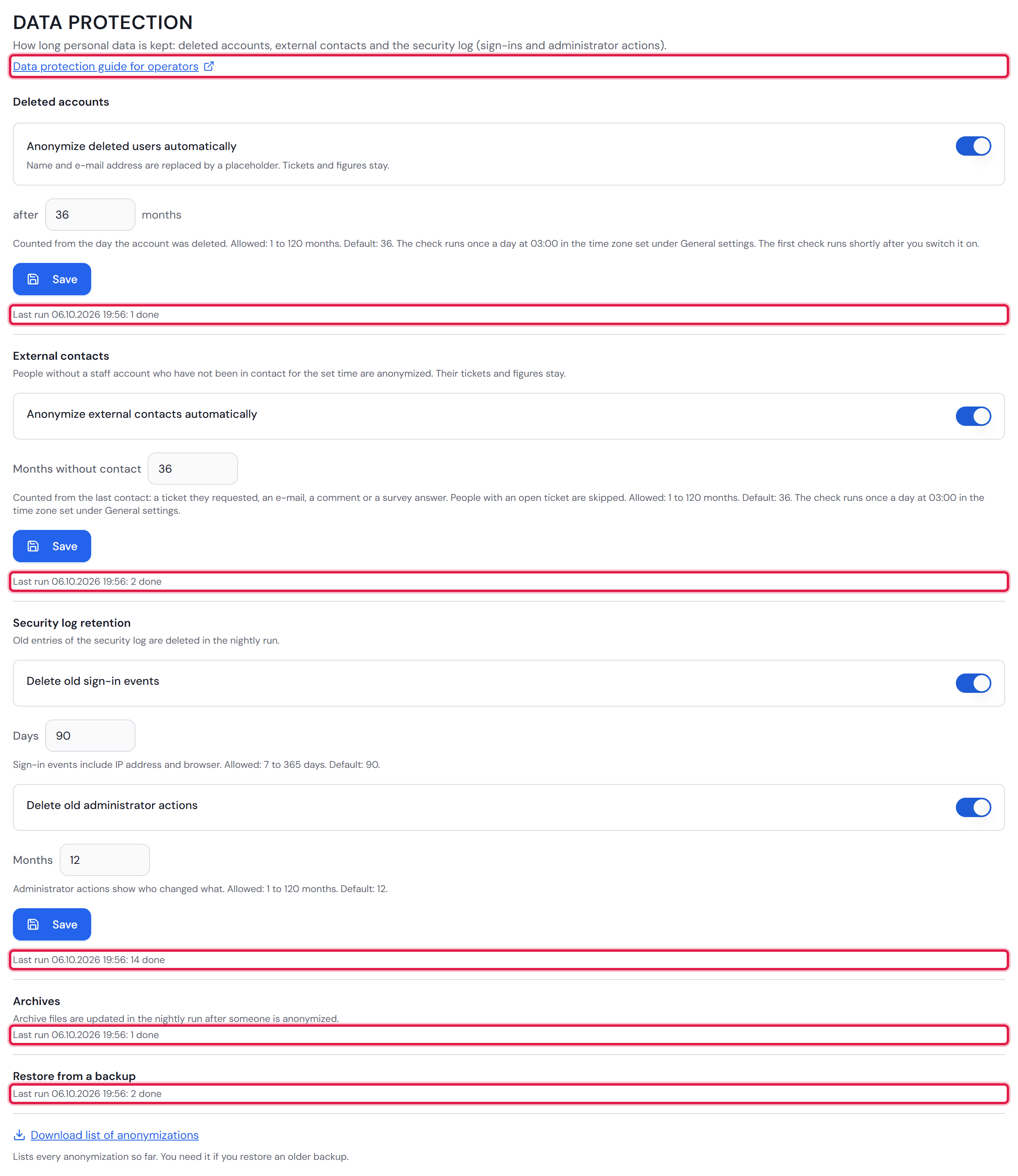 The “Data protection” card with the blocks “Deleted accounts”, “External contacts” and “Security log retention”, below them “Archives” and “Restore from a backup”, each with its “Last run” line.