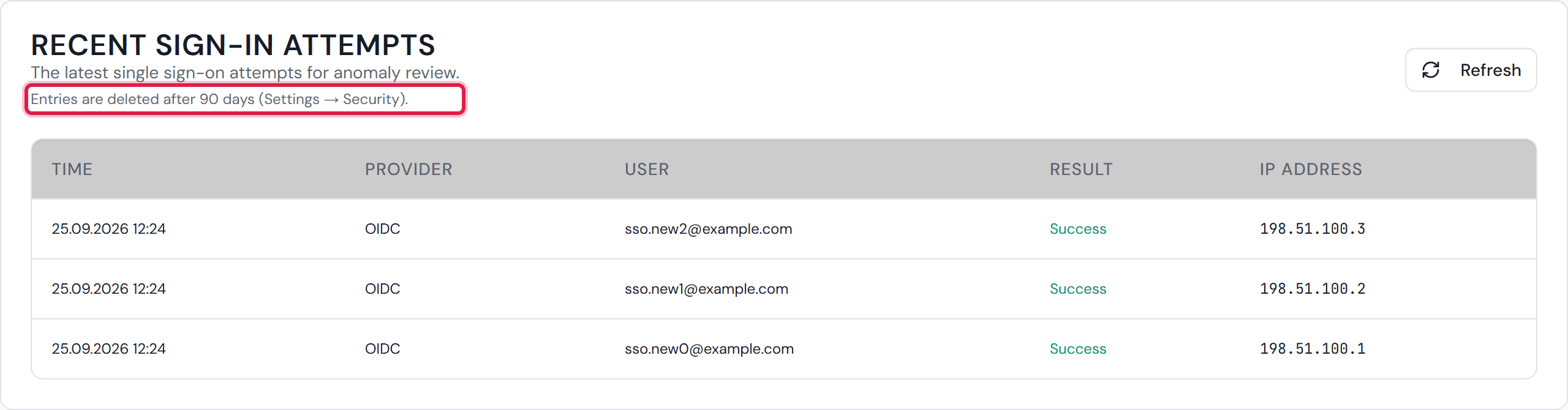 The “Recent sign-in attempts” card with the sentence “Entries are deleted after 90 days (Settings → Security).” and three sign-ins.