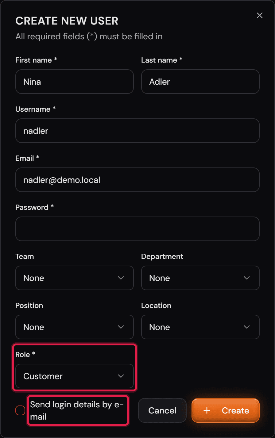 La finestra «Create new user» con i campi obbligatori compilati e i selettori di team, reparto, mansione, sede e ruolo.