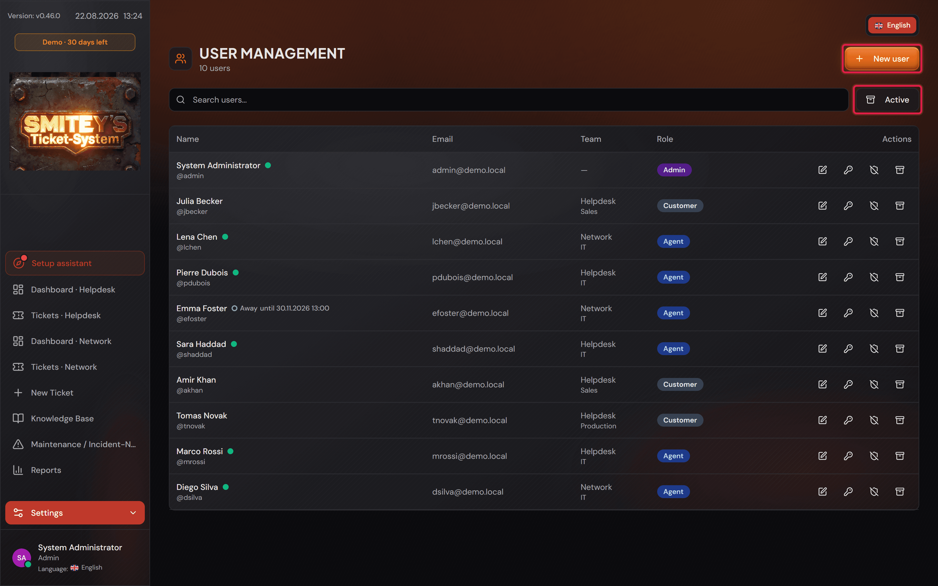 La pagina «User management» con tutti gli account, il loro ruolo e le azioni in ogni riga.