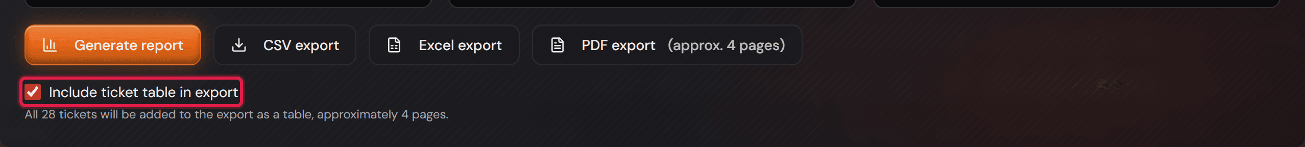 Tři tlačítka pro export a pod nimi zaškrtávátko pro tabulku tiketů.