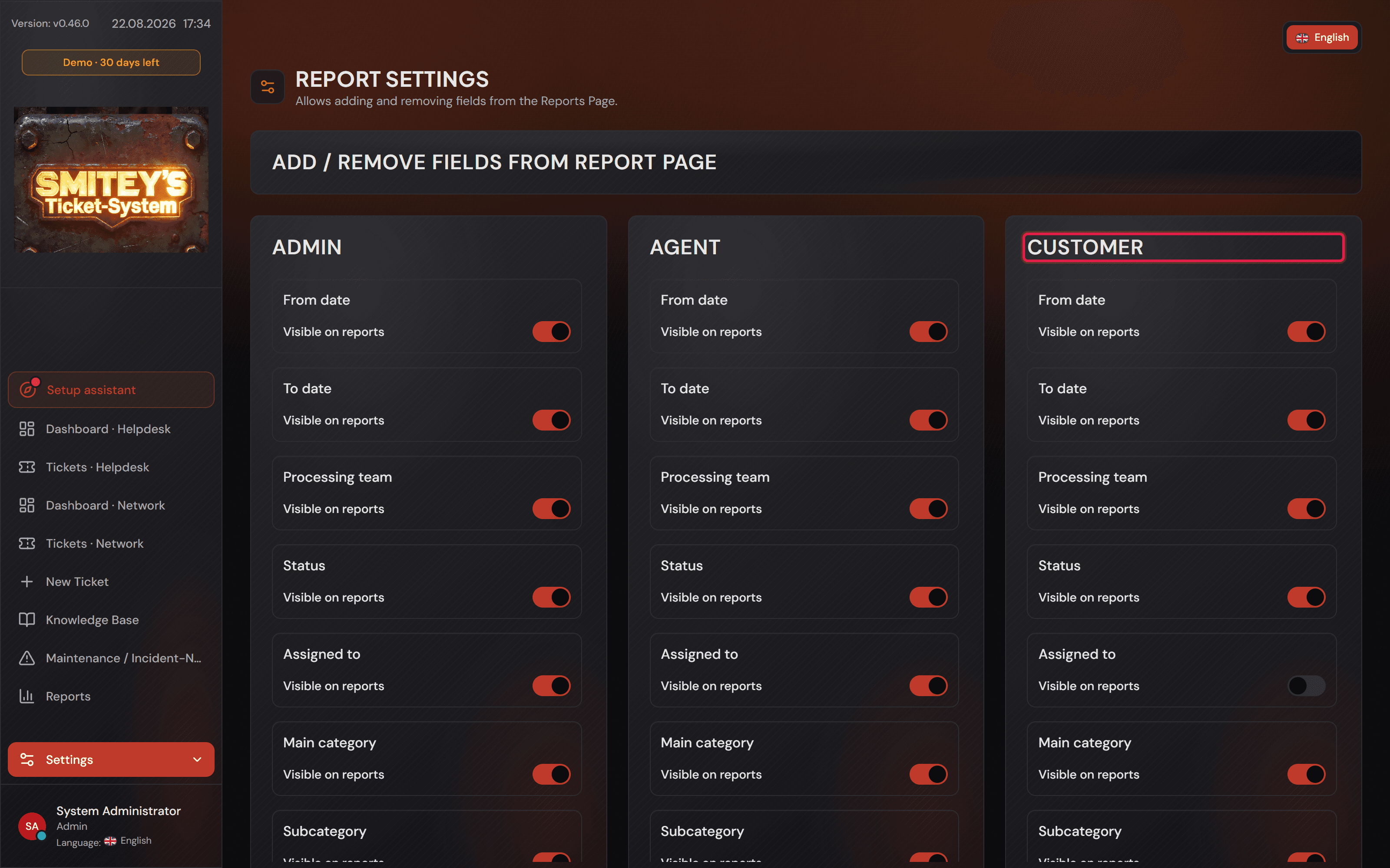 Stránka „Report Settings“ se třemi oddíly „Admin“, „Agent“ a „Customer“.