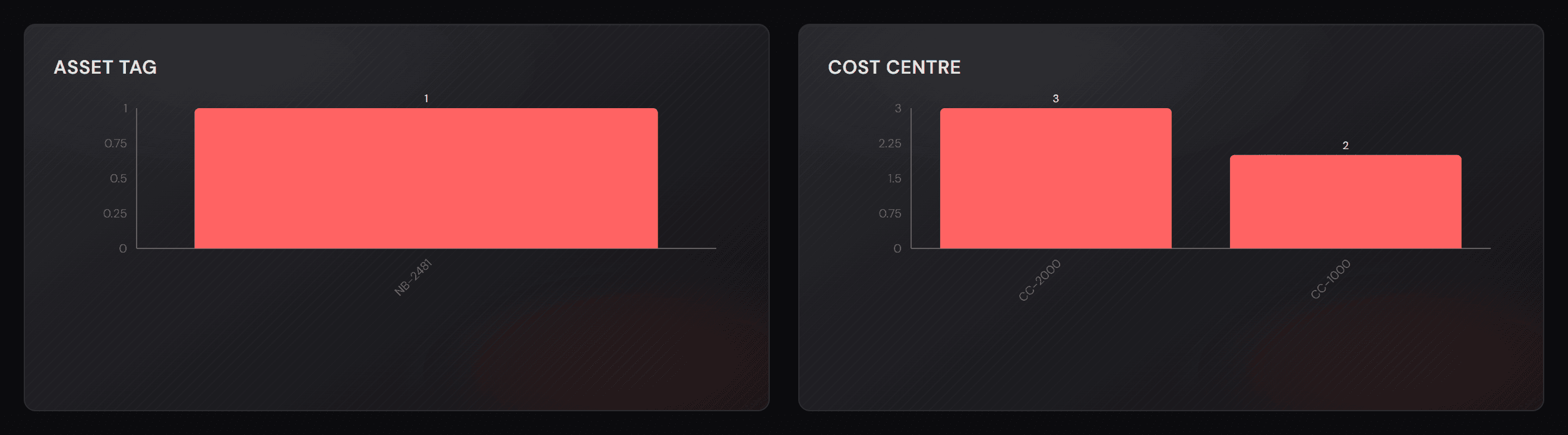 Dva grafy postavené z vlastních polí: „Asset tag“ a „Cost centre“.
