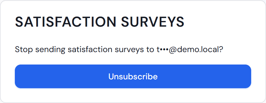 The “Satisfaction surveys” page with the question, the shortened address and the “Unsubscribe” button.