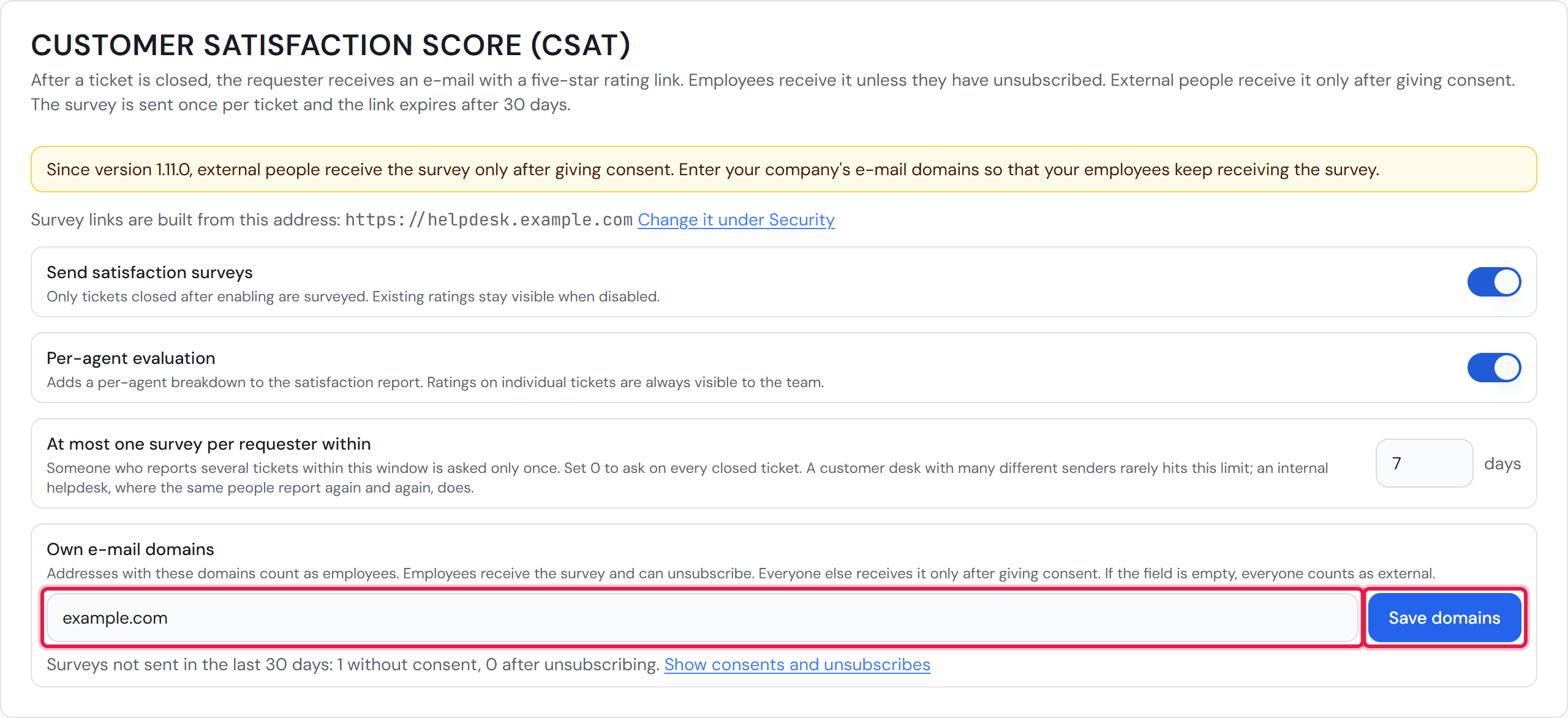 The “Customer Satisfaction Score (CSAT)” card with the box about the update, the field “Own e-mail domains”, “Save domains” and the line with the count.