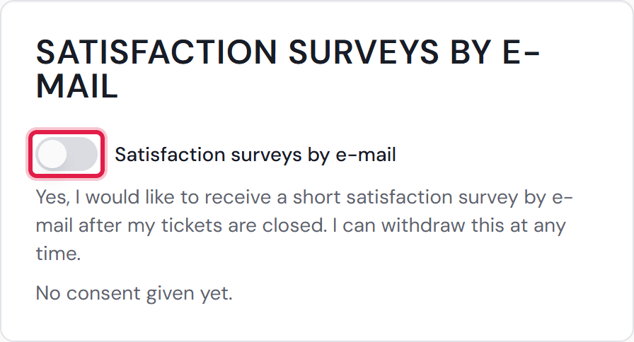 The “Satisfaction surveys by e-mail” card in a customer’s profile with the switch, the consent text and the state.