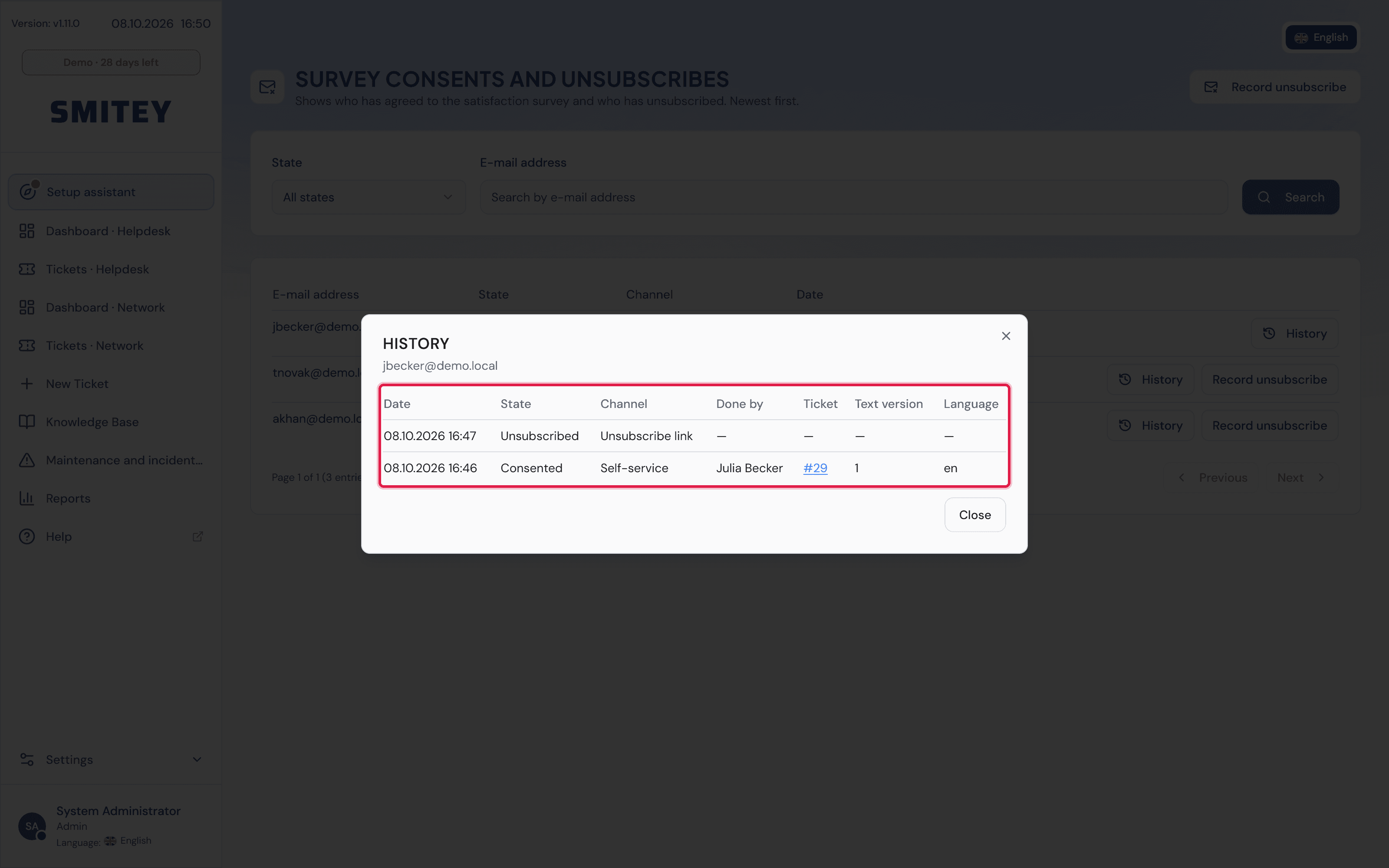 The “Survey consents and unsubscribes” page with one row per address and the opened history of one address.