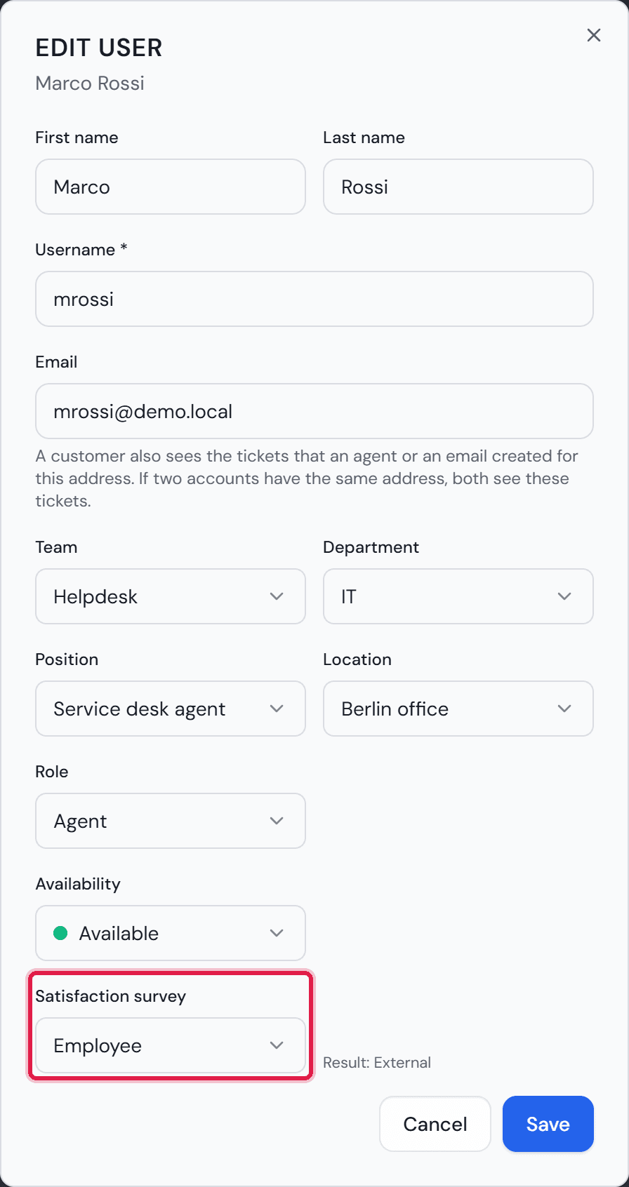 The “Edit user” dialog with the field “Satisfaction survey” and the line “Result: …” next to it.