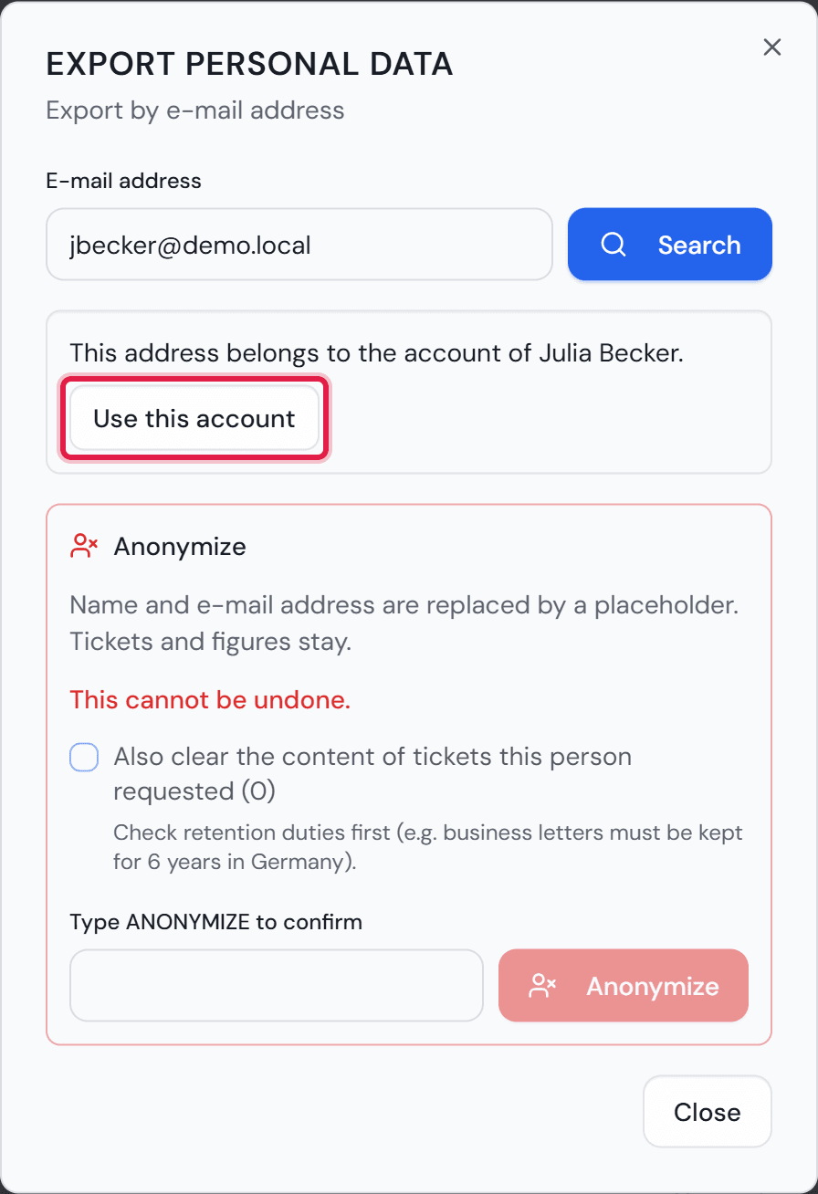 The same dialog after searching by address: it names the account the address belongs to and offers “Use this account”.