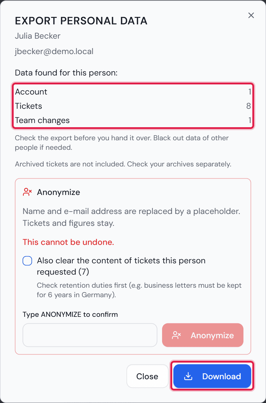 The “Export personal data” dialog for Julia Becker with her e-mail address below the name, the list of findings per area, the two notes on checking and on archives, the “Anonymize” area and the “Download” button.