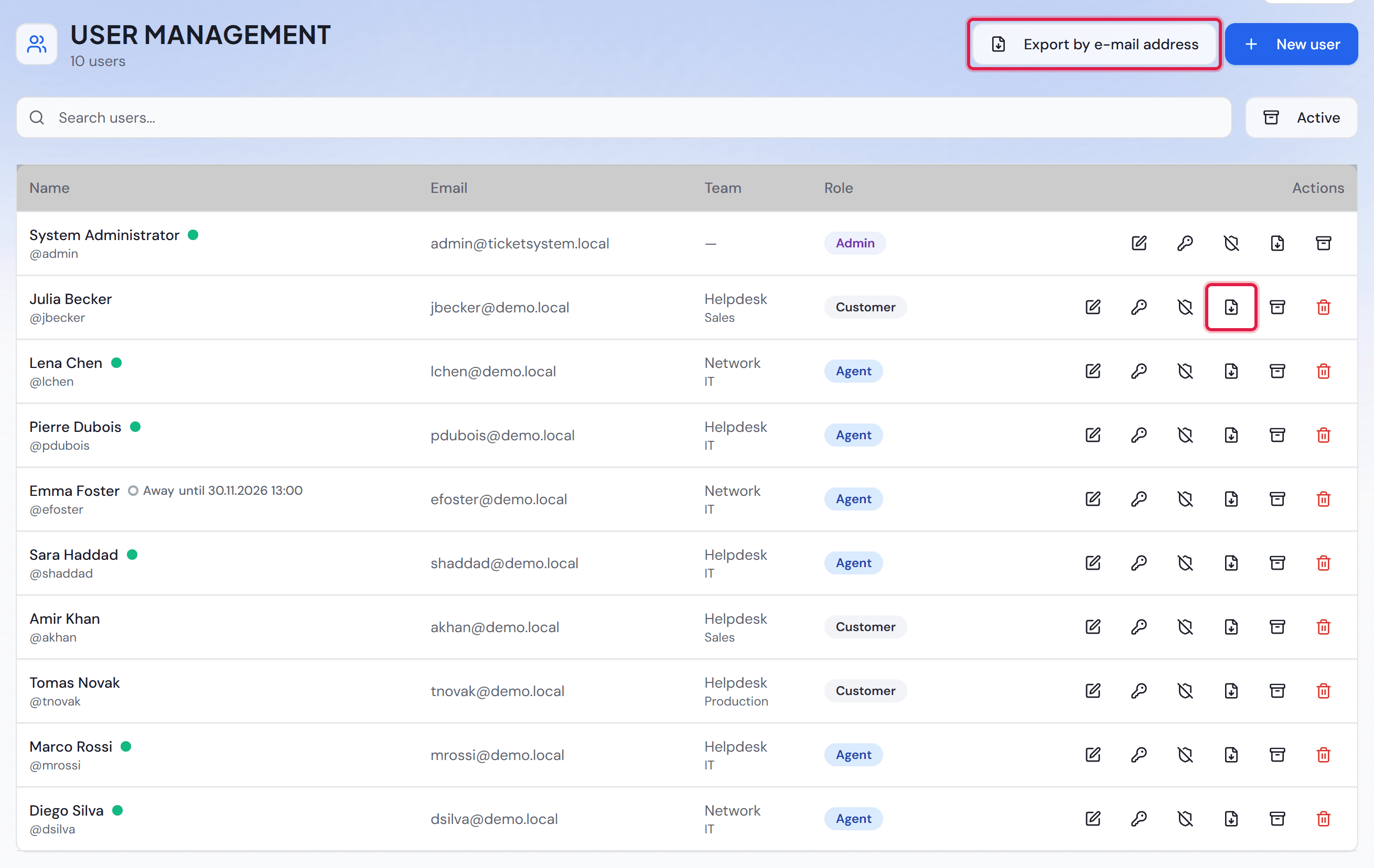 The “User management” page with the “Export by e-mail address” button at the top and the file symbol with an arrow in every row.