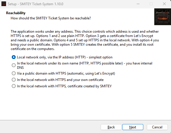 The “Reachability” page in the Windows installer with the five options.