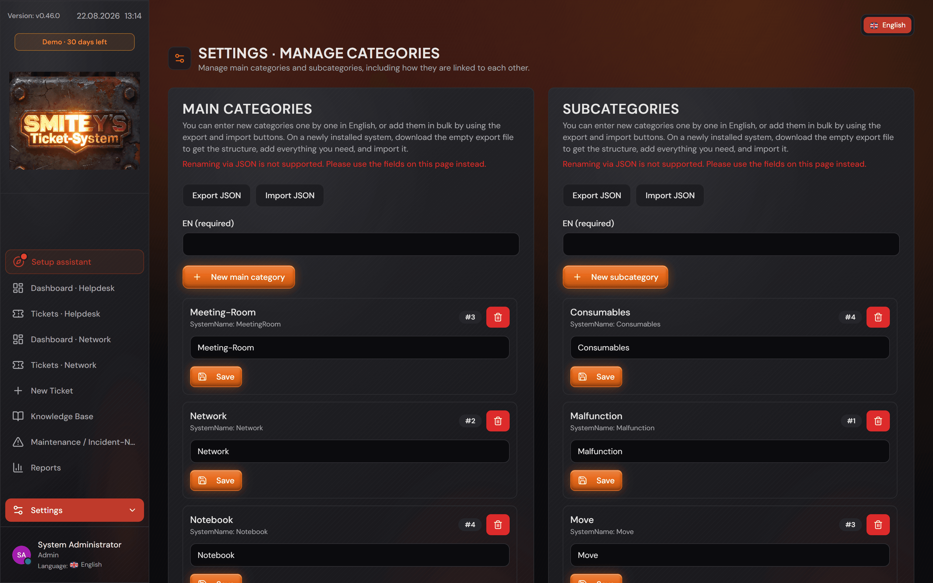 La pagina «Settings · Manage categories» con le schede «Main categories» e «Subcategories».