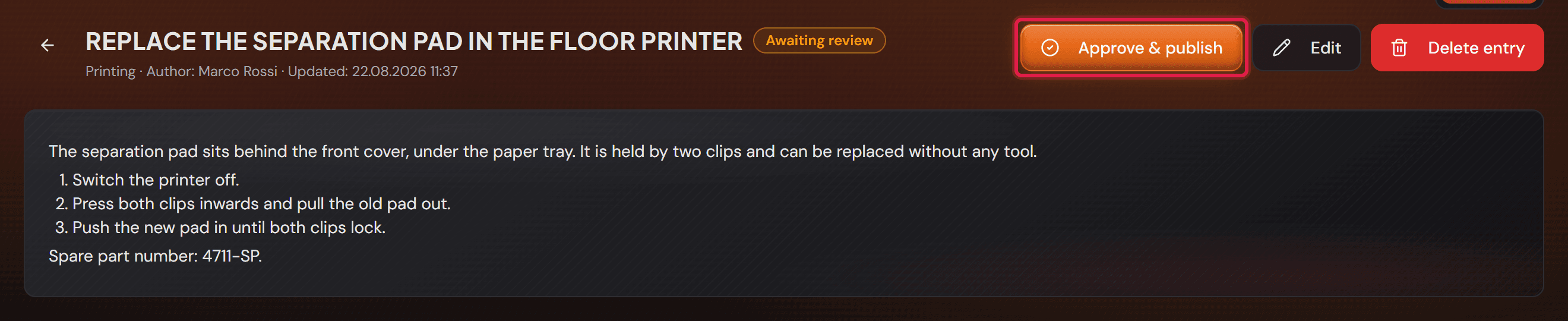 Záznam označený „Awaiting review“ s červeně orámovaným tlačítkem „Approve & publish“.