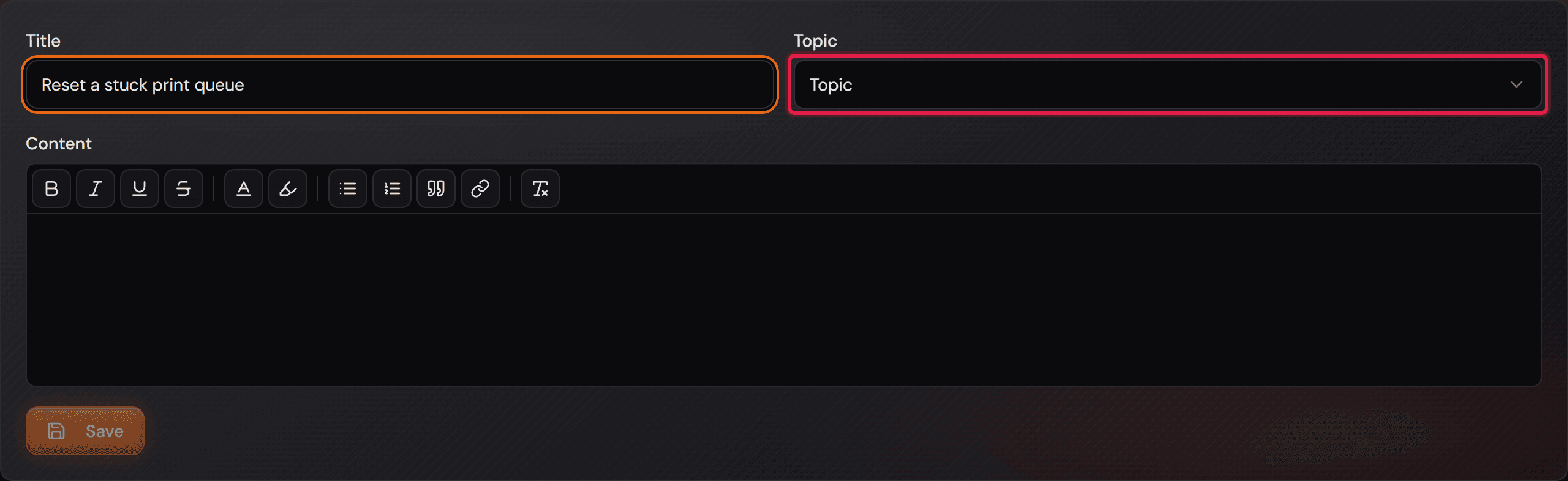 Editor „New entry“ s poli Title a Topic, s panelem nástrojů editoru a se zašedlým tlačítkem „Save“.