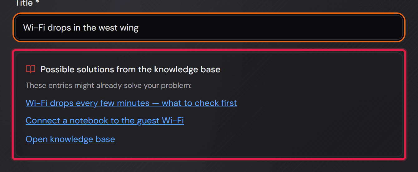 Pole „Title“ formuláře nového tiketu s rámečkem „Possible solutions from the knowledge base“ a s návrhy pod ním.