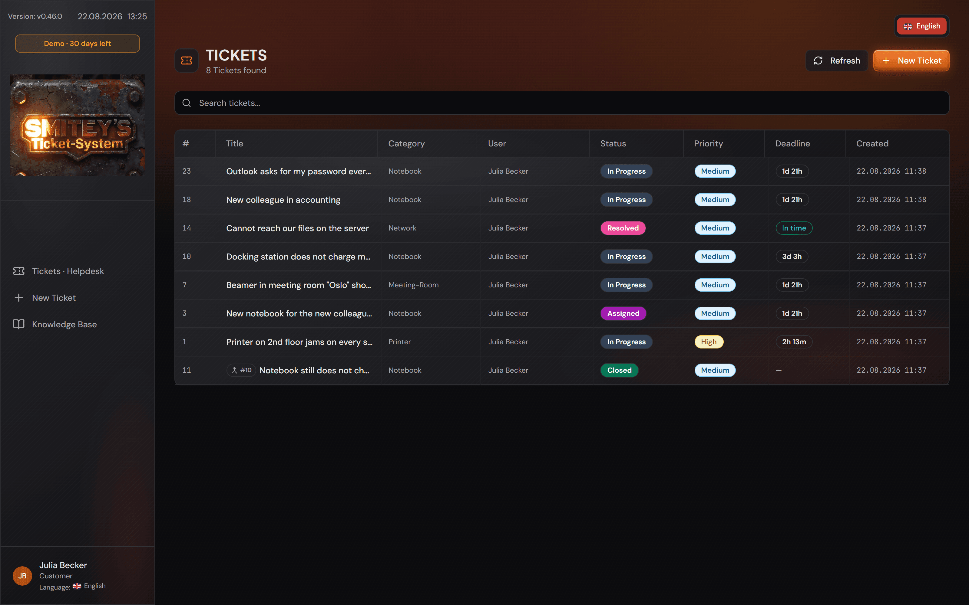 Lo stesso sistema, con l'accesso effettuato come cliente: una barra laterale corta e un elenco di ticket con soltanto i suoi casi.