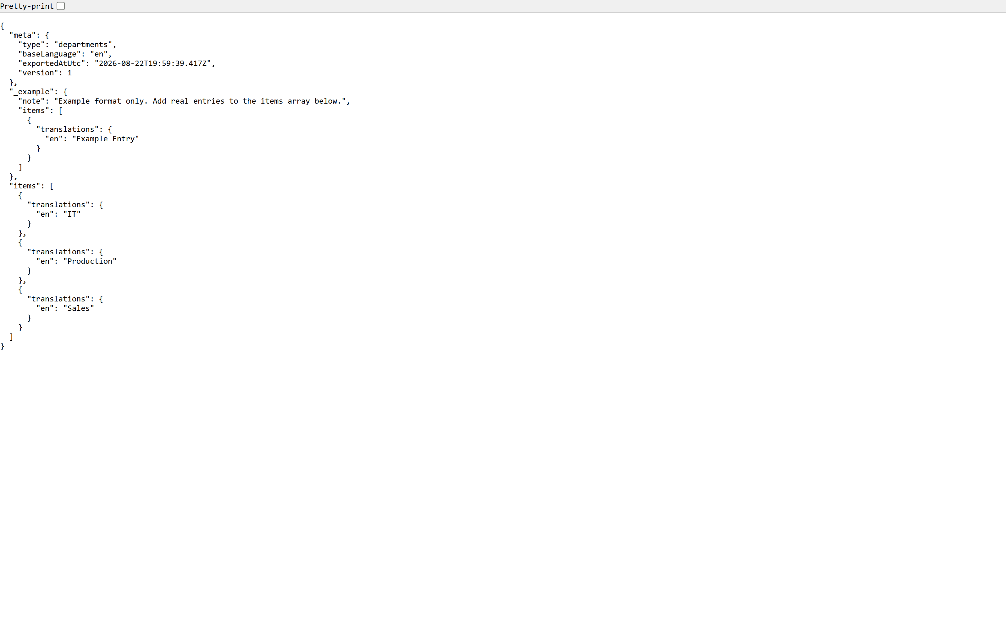 Il file scaricato nel browser, con l'esempio e le voci.