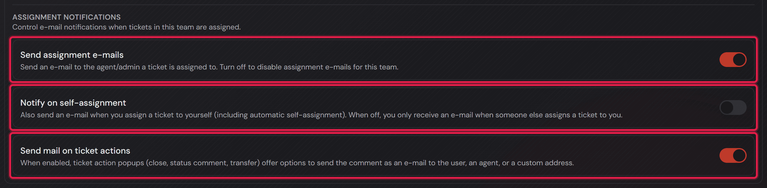 La sezione «Assignment notifications» con tre interruttori.