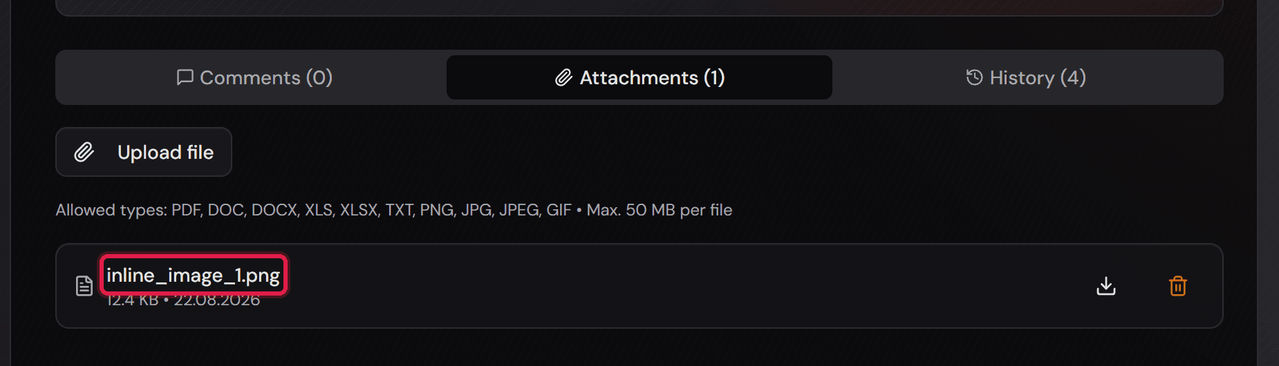 La scheda «Attachments» del ticket con il file inline_image_1.png.