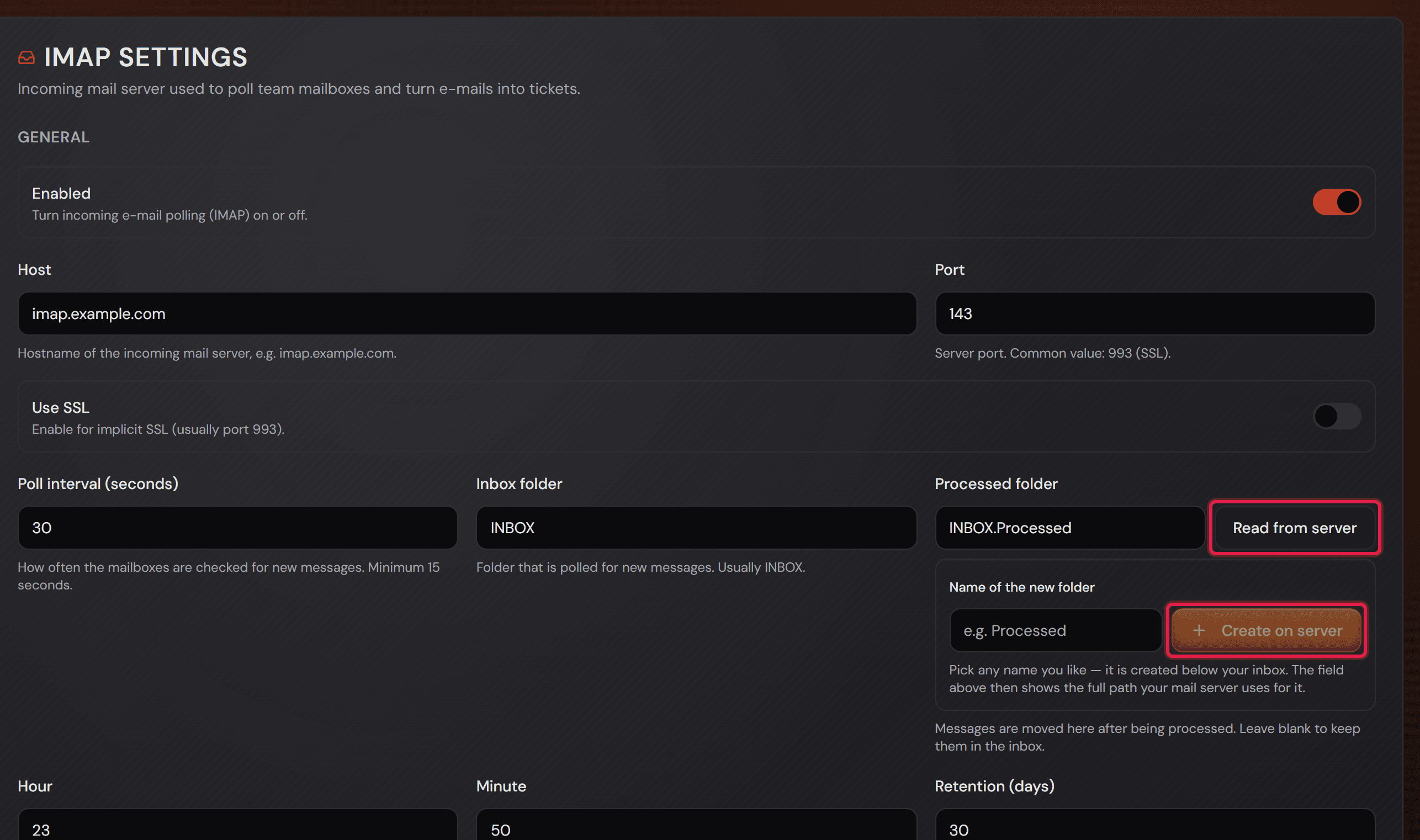 La scheda «IMAP settings» con i pulsanti «Read from server» e «Create on server» in cornice rossa.