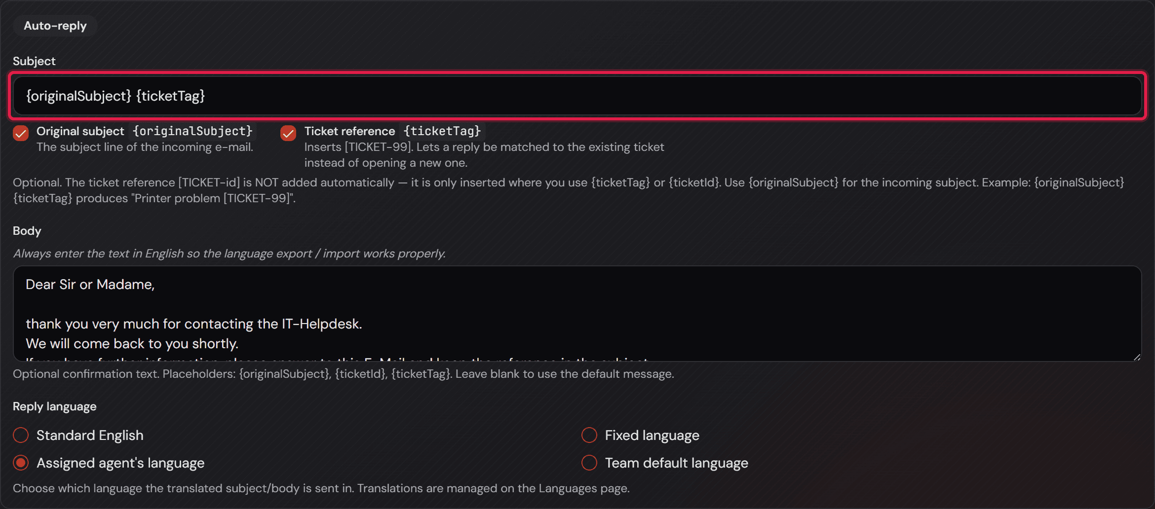 L'azione «Auto-reply» con il campo dell'oggetto in cornice rossa, i blocchi, il testo inglese e la scelta della lingua della risposta.