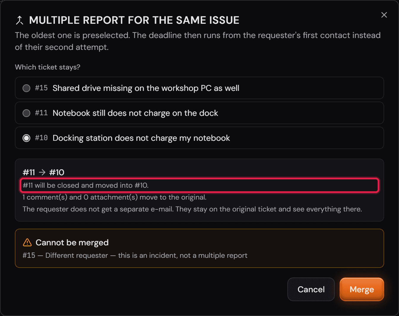 La finestra «Multiple report for the same issue» con la scelta del ticket che resta e il riepilogo.