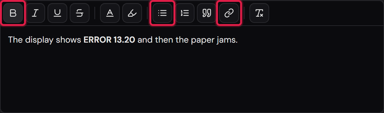 La barra degli strumenti dell'editor e, sotto, la frase «The display shows ERROR 13.20 and then the paper jams.» con il codice di errore in grassetto.