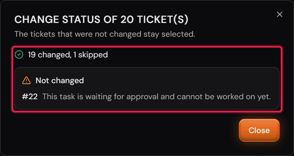 La finestra dopo l'esecuzione: il numero di ticket cambiati e saltati e, sotto, il riquadro «Not changed» con i motivi.