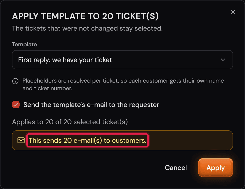 La finestra «Apply template» con la casella della posta spuntata e l'avviso ambra sul numero di messaggi ai clienti.