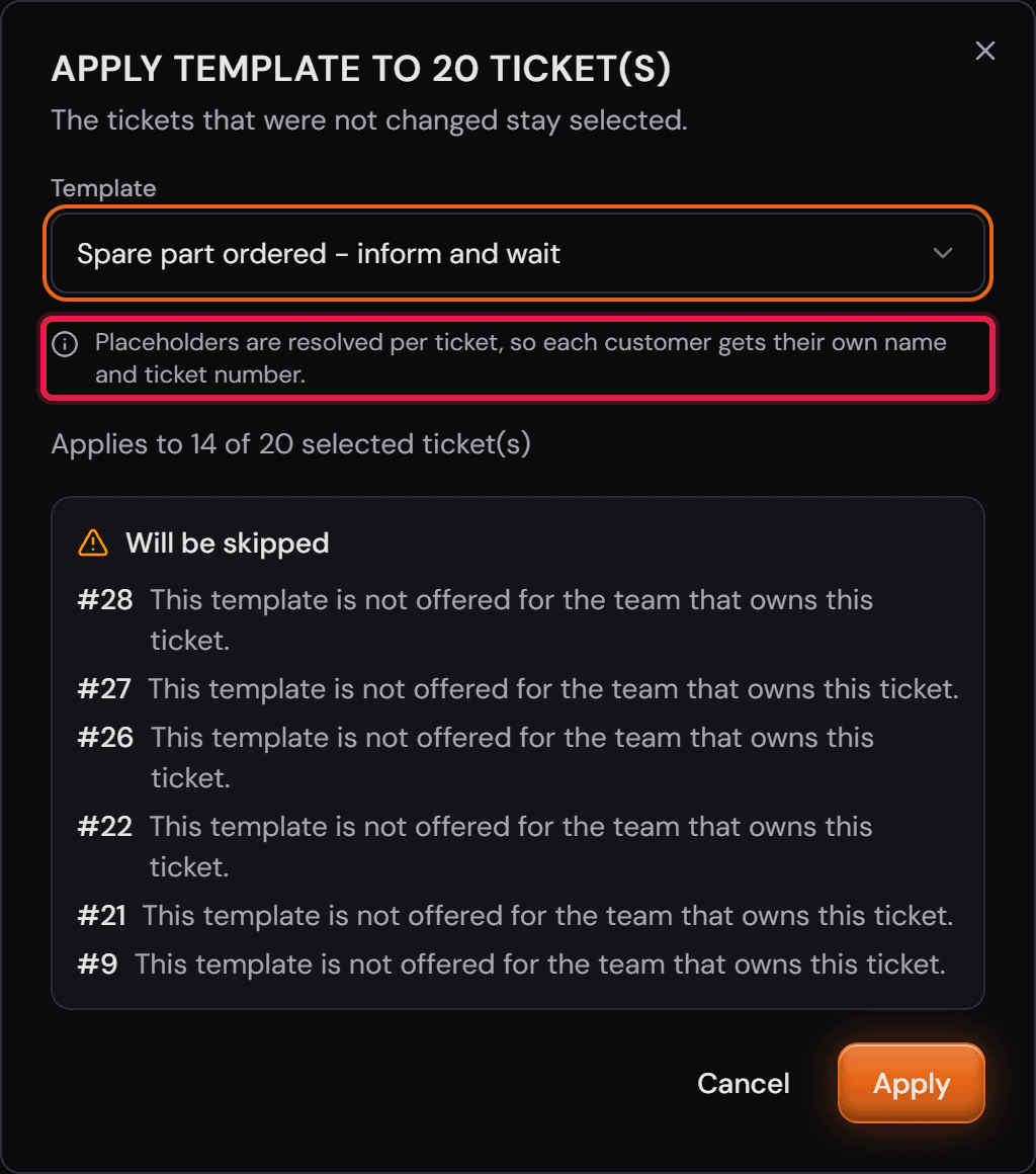 La finestra «Apply template» con un modello scelto e la nota che i segnaposto vengono risolti per singolo ticket.