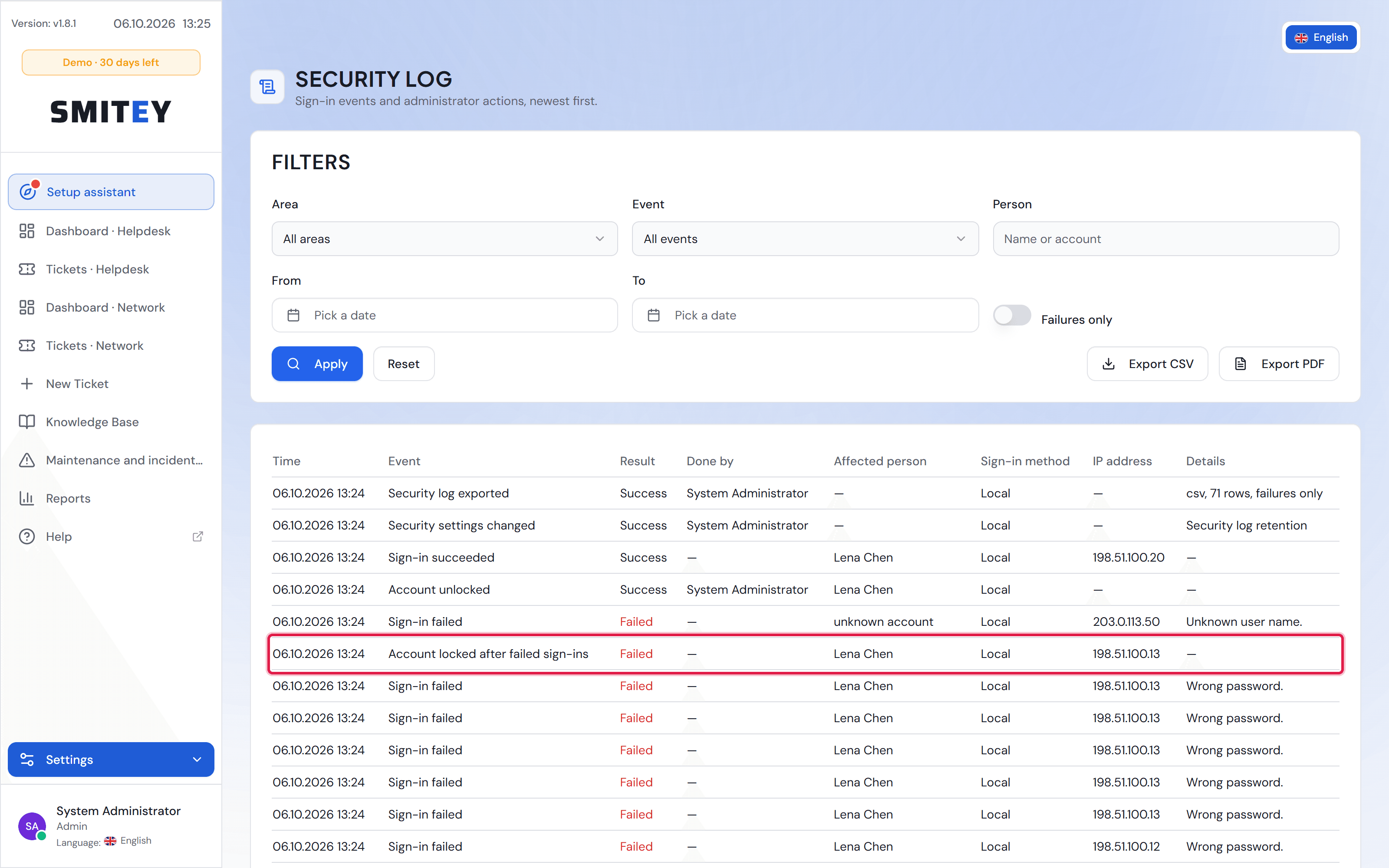 The “Security log” page with the “Filters” card and the list of entries.