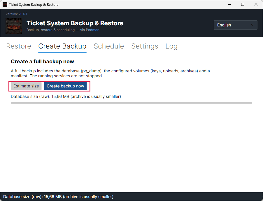 Záložka „Create Backup“ s tlačítky „Estimate size“ a „Create backup now“.