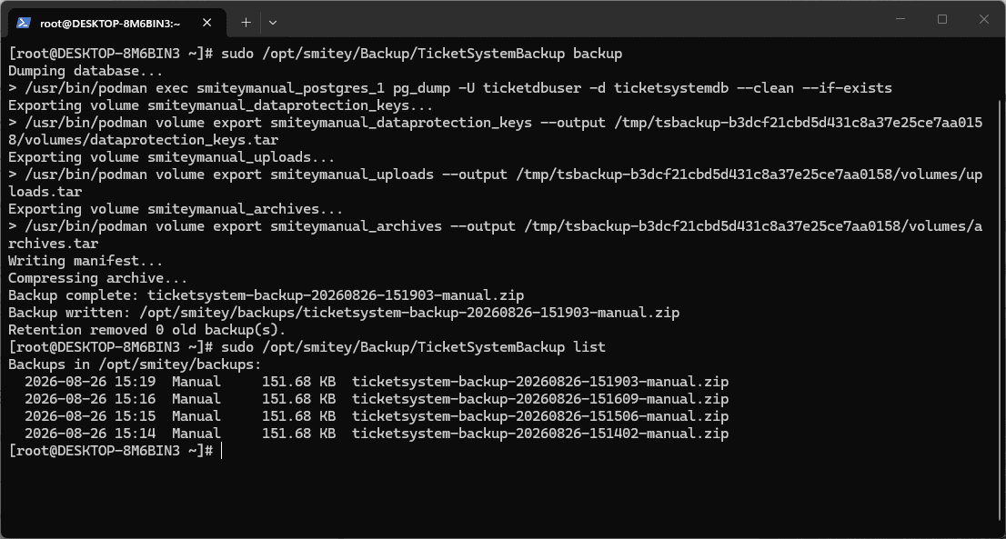 Příkazový řádek na linuxovém serveru s během příkazu „backup“ a se seznamem z „list“ pod ním.