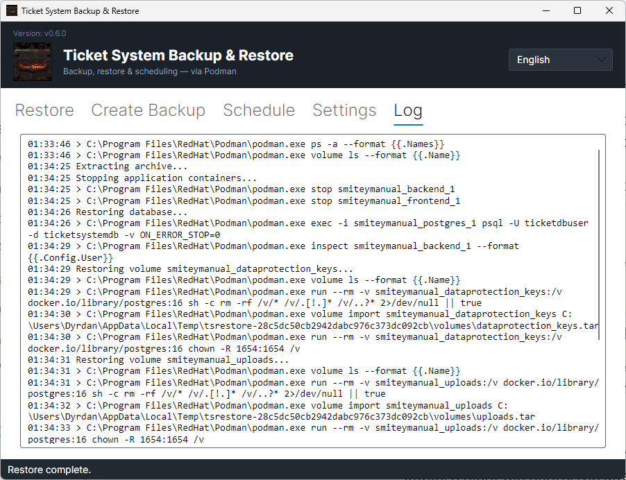 Protokol po obnovení, dole s hlášením „Restore complete.“