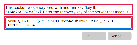 The request for the recovery key with the key ID of the backup, an input field and the buttons “OK” and “Cancel”.